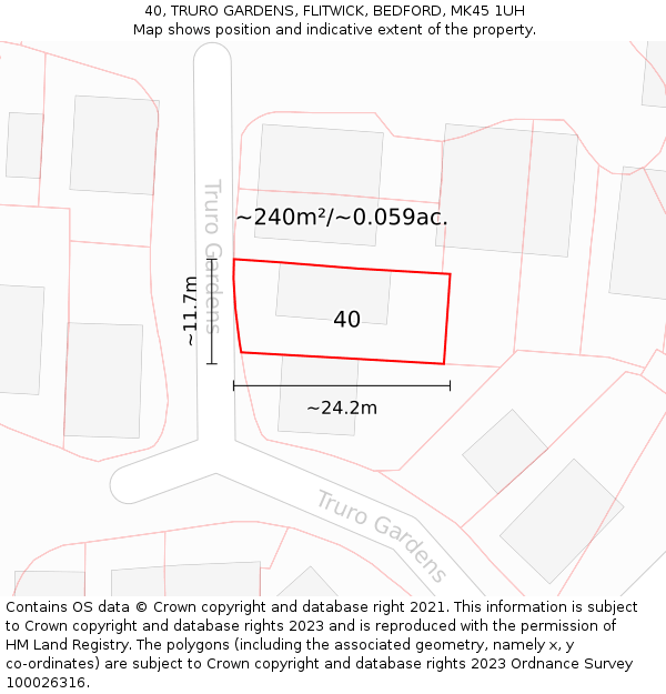 40, TRURO GARDENS, FLITWICK, BEDFORD, MK45 1UH: Plot and title map