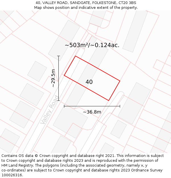 40, VALLEY ROAD, SANDGATE, FOLKESTONE, CT20 3BS: Plot and title map