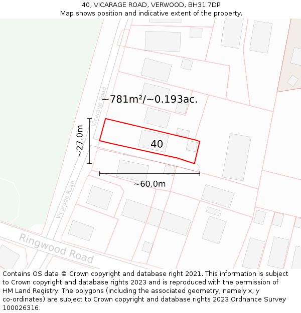 40, VICARAGE ROAD, VERWOOD, BH31 7DP: Plot and title map