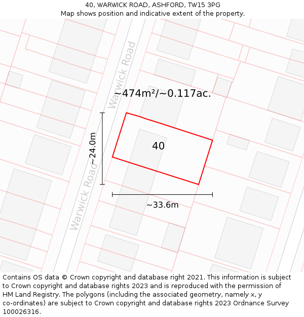 40, WARWICK ROAD, ASHFORD, TW15 3PG: Plot and title map