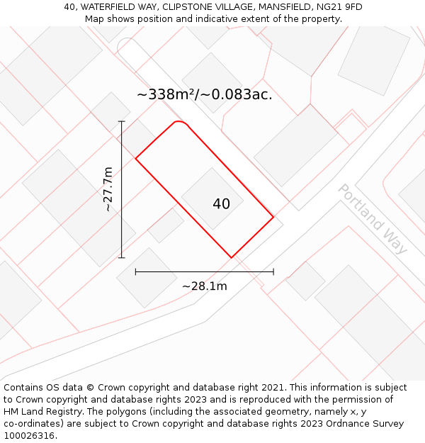 40, WATERFIELD WAY, CLIPSTONE VILLAGE, MANSFIELD, NG21 9FD: Plot and title map