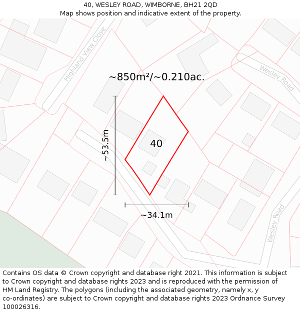 40, WESLEY ROAD, WIMBORNE, BH21 2QD: Plot and title map