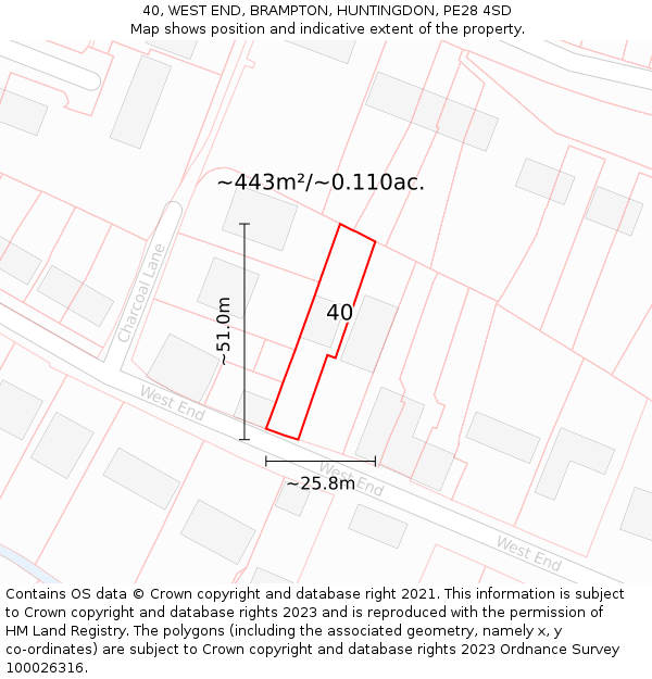 40, WEST END, BRAMPTON, HUNTINGDON, PE28 4SD: Plot and title map