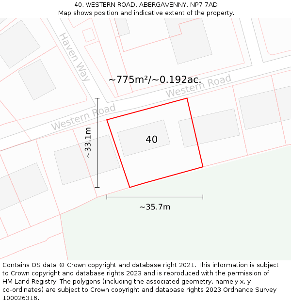 40, WESTERN ROAD, ABERGAVENNY, NP7 7AD: Plot and title map