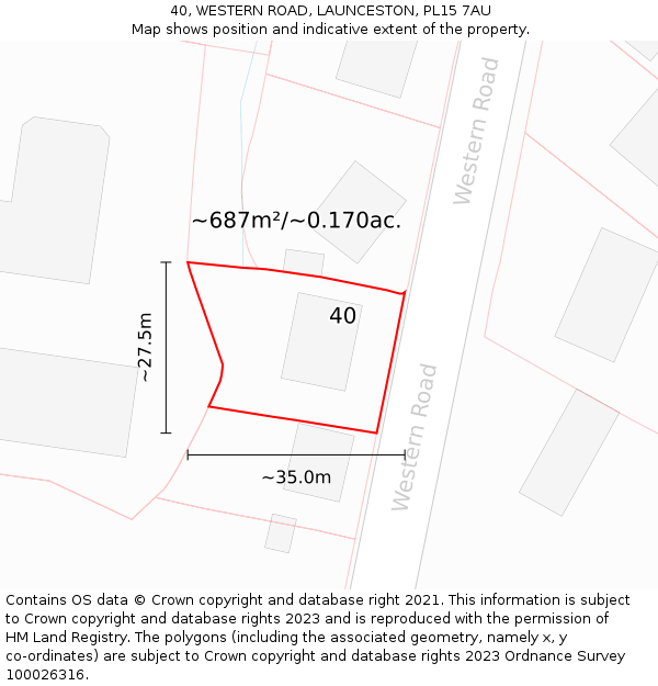 40, WESTERN ROAD, LAUNCESTON, PL15 7AU: Plot and title map