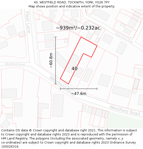 40, WESTFIELD ROAD, TOCKWITH, YORK, YO26 7PY: Plot and title map