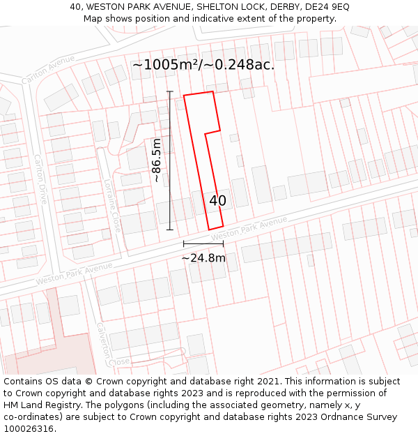 40, WESTON PARK AVENUE, SHELTON LOCK, DERBY, DE24 9EQ: Plot and title map
