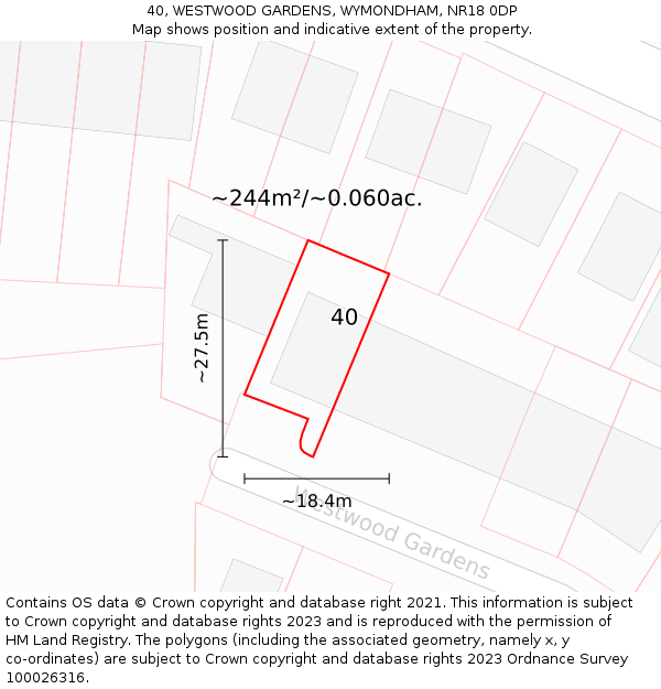 40, WESTWOOD GARDENS, WYMONDHAM, NR18 0DP: Plot and title map
