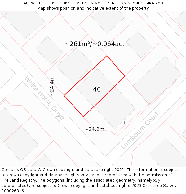 40, WHITE HORSE DRIVE, EMERSON VALLEY, MILTON KEYNES, MK4 2AR: Plot and title map