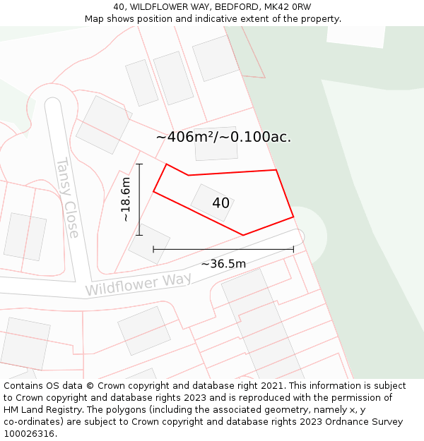 40, WILDFLOWER WAY, BEDFORD, MK42 0RW: Plot and title map