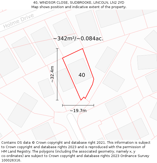 40, WINDSOR CLOSE, SUDBROOKE, LINCOLN, LN2 2YD: Plot and title map