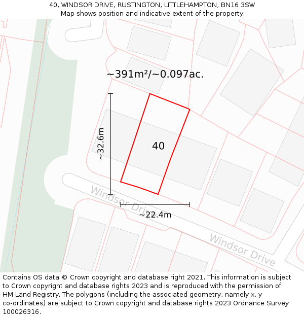 40, WINDSOR DRIVE, RUSTINGTON, LITTLEHAMPTON, BN16 3SW: Plot and title map
