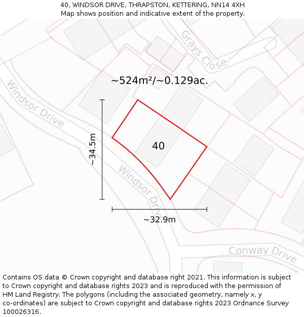 40, WINDSOR DRIVE, THRAPSTON, KETTERING, NN14 4XH: Plot and title map