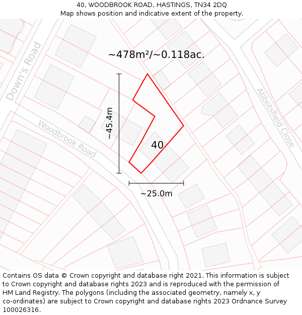 40, WOODBROOK ROAD, HASTINGS, TN34 2DQ: Plot and title map