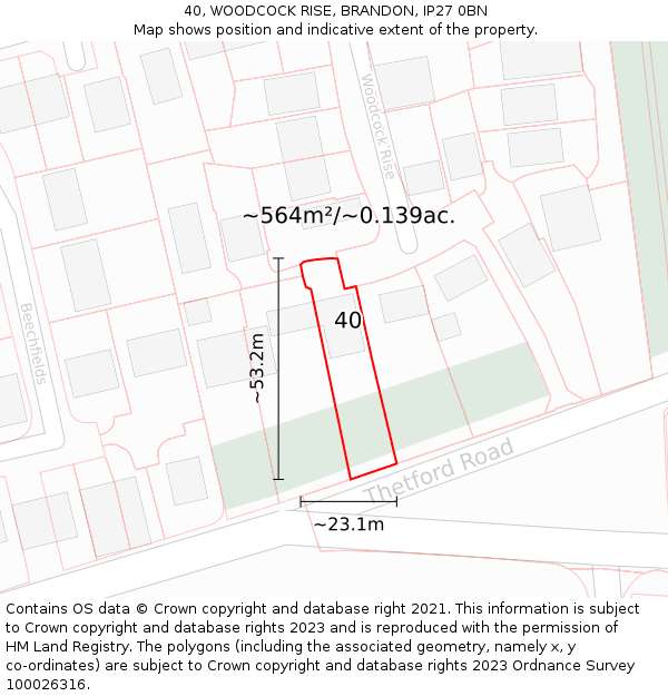 40, WOODCOCK RISE, BRANDON, IP27 0BN: Plot and title map