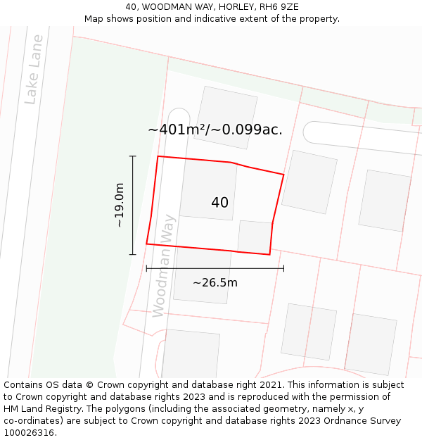 40, WOODMAN WAY, HORLEY, RH6 9ZE: Plot and title map