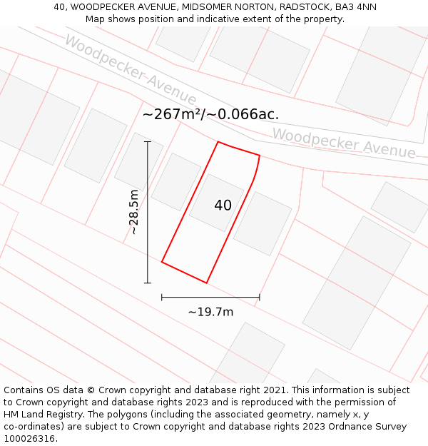 40, WOODPECKER AVENUE, MIDSOMER NORTON, RADSTOCK, BA3 4NN: Plot and title map