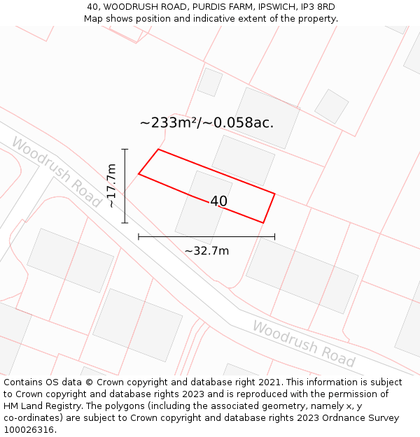 40, WOODRUSH ROAD, PURDIS FARM, IPSWICH, IP3 8RD: Plot and title map