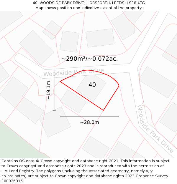 40, WOODSIDE PARK DRIVE, HORSFORTH, LEEDS, LS18 4TG: Plot and title map