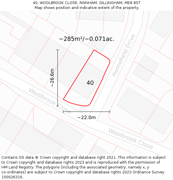 40, WOOLBROOK CLOSE, RAINHAM, GILLINGHAM, ME8 8ST: Plot and title map
