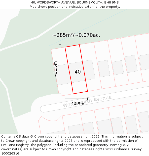 40, WORDSWORTH AVENUE, BOURNEMOUTH, BH8 9NS: Plot and title map