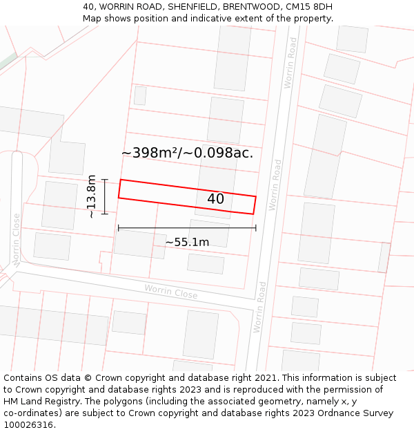 40, WORRIN ROAD, SHENFIELD, BRENTWOOD, CM15 8DH: Plot and title map