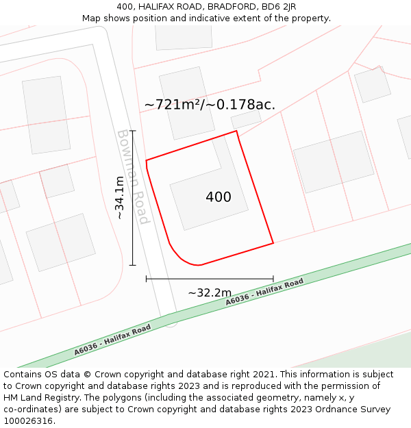 400, HALIFAX ROAD, BRADFORD, BD6 2JR: Plot and title map