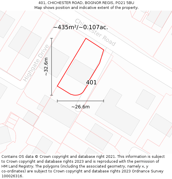 401, CHICHESTER ROAD, BOGNOR REGIS, PO21 5BU: Plot and title map