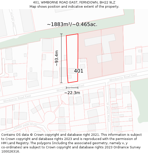 401, WIMBORNE ROAD EAST, FERNDOWN, BH22 9LZ: Plot and title map
