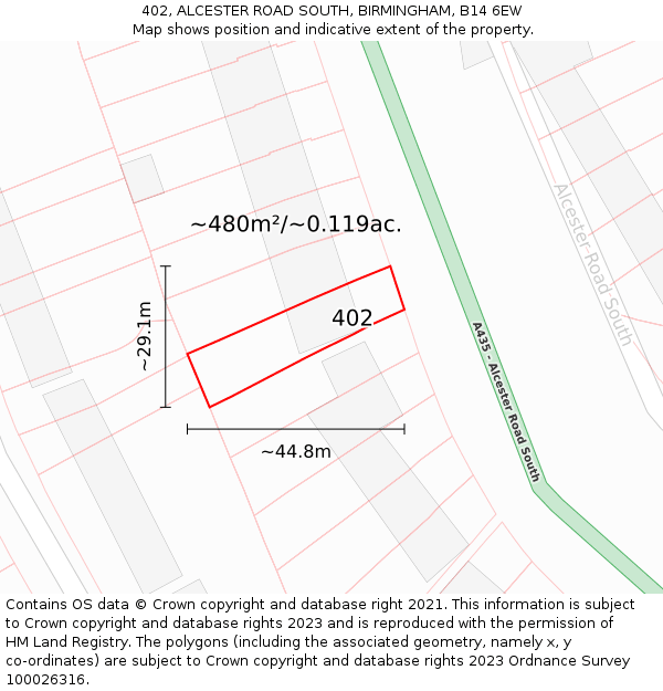 402, ALCESTER ROAD SOUTH, BIRMINGHAM, B14 6EW: Plot and title map