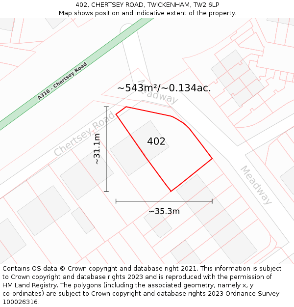 402, CHERTSEY ROAD, TWICKENHAM, TW2 6LP: Plot and title map