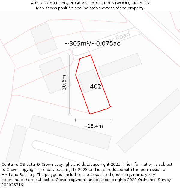 402, ONGAR ROAD, PILGRIMS HATCH, BRENTWOOD, CM15 9JN: Plot and title map