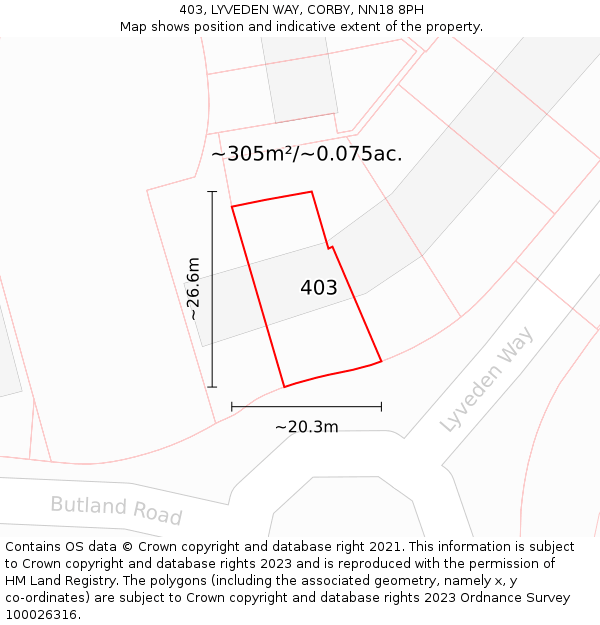 403, LYVEDEN WAY, CORBY, NN18 8PH: Plot and title map