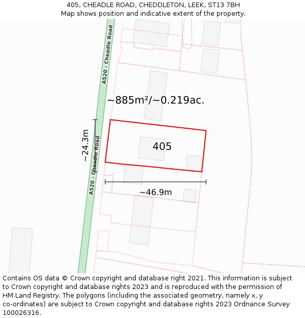 405, CHEADLE ROAD, CHEDDLETON, LEEK, ST13 7BH: Plot and title map