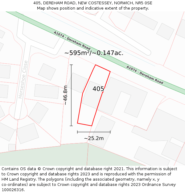 405, DEREHAM ROAD, NEW COSTESSEY, NORWICH, NR5 0SE: Plot and title map