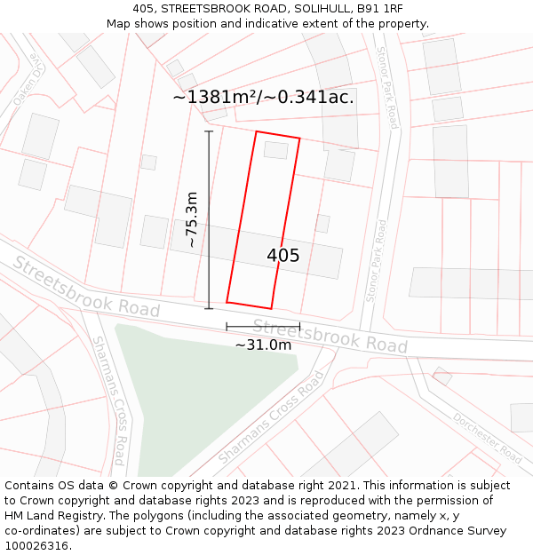 405, STREETSBROOK ROAD, SOLIHULL, B91 1RF: Plot and title map