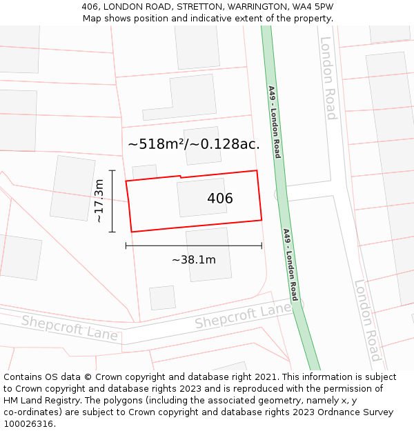 406, LONDON ROAD, STRETTON, WARRINGTON, WA4 5PW: Plot and title map