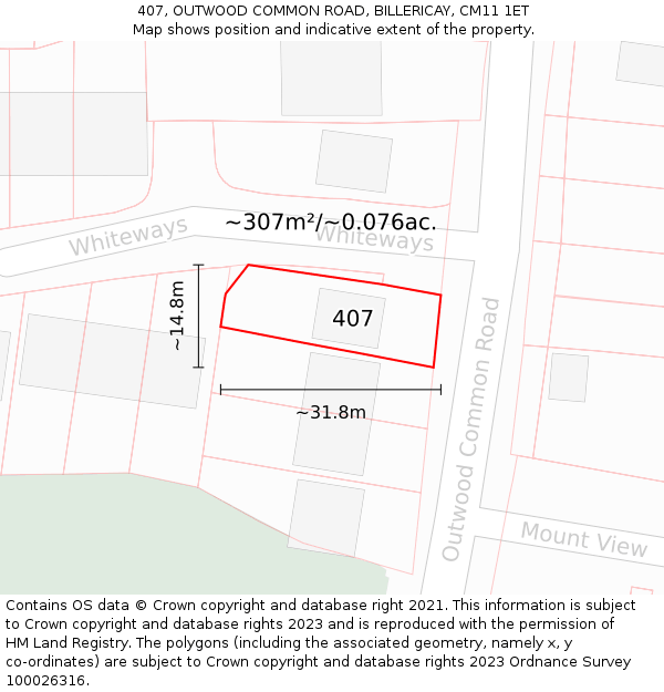 407, OUTWOOD COMMON ROAD, BILLERICAY, CM11 1ET: Plot and title map