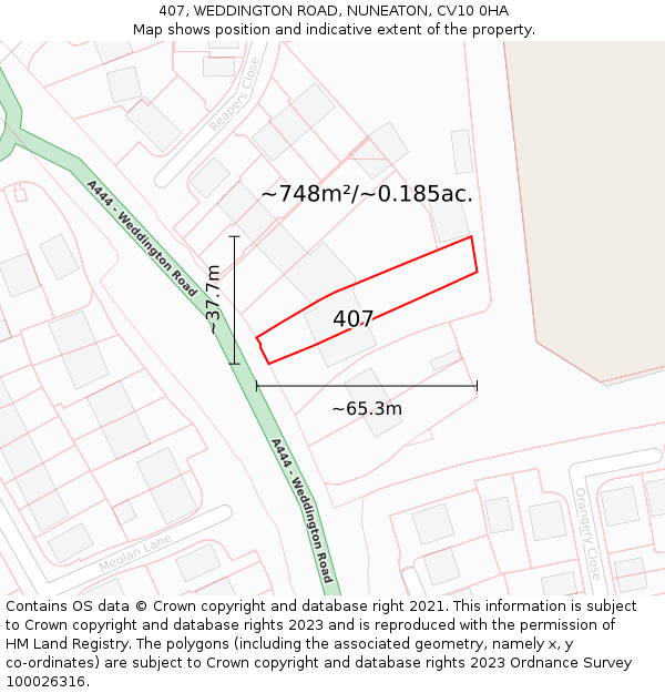 407, WEDDINGTON ROAD, NUNEATON, CV10 0HA: Plot and title map