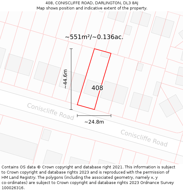 408, CONISCLIFFE ROAD, DARLINGTON, DL3 8AJ: Plot and title map