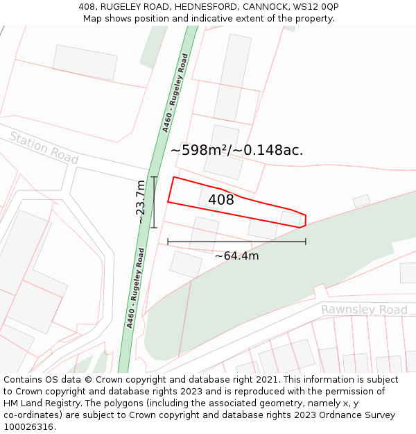 408, RUGELEY ROAD, HEDNESFORD, CANNOCK, WS12 0QP: Plot and title map