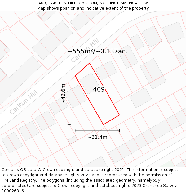 409, CARLTON HILL, CARLTON, NOTTINGHAM, NG4 1HW: Plot and title map