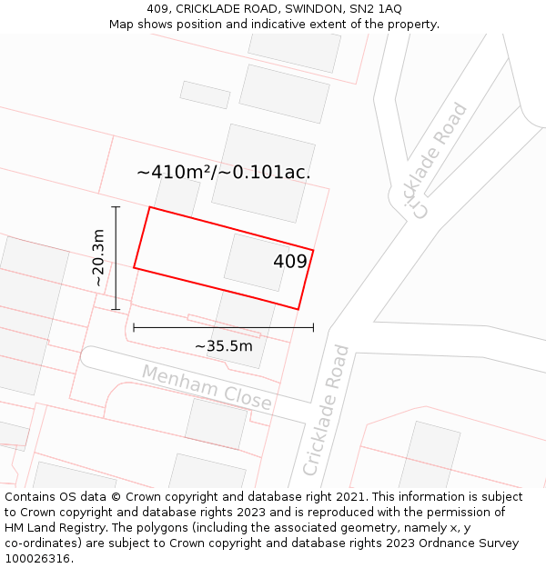 409, CRICKLADE ROAD, SWINDON, SN2 1AQ: Plot and title map