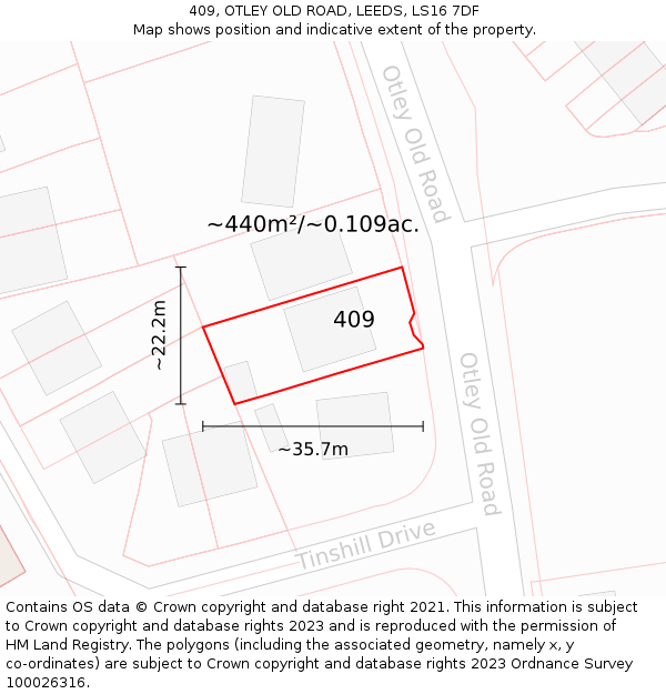 409, OTLEY OLD ROAD, LEEDS, LS16 7DF: Plot and title map