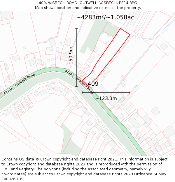 409, WISBECH ROAD, OUTWELL, WISBECH, PE14 8PG: Plot and title map