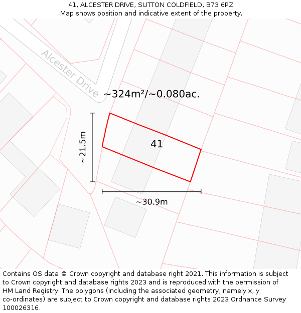 41, ALCESTER DRIVE, SUTTON COLDFIELD, B73 6PZ: Plot and title map