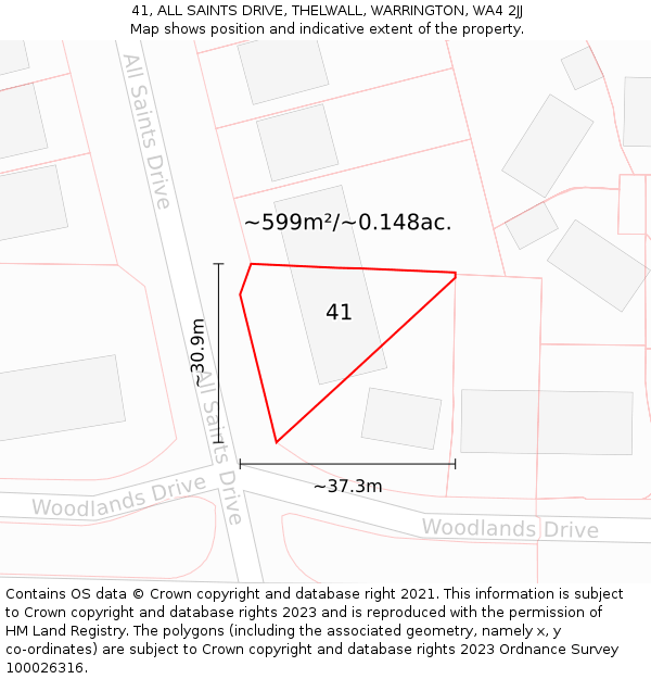 41, ALL SAINTS DRIVE, THELWALL, WARRINGTON, WA4 2JJ: Plot and title map