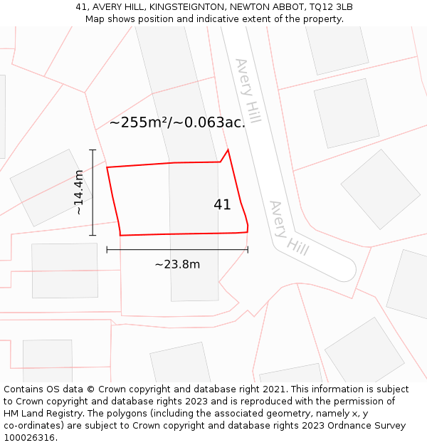 41, AVERY HILL, KINGSTEIGNTON, NEWTON ABBOT, TQ12 3LB: Plot and title map