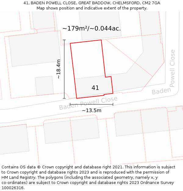 41, BADEN POWELL CLOSE, GREAT BADDOW, CHELMSFORD, CM2 7GA: Plot and title map