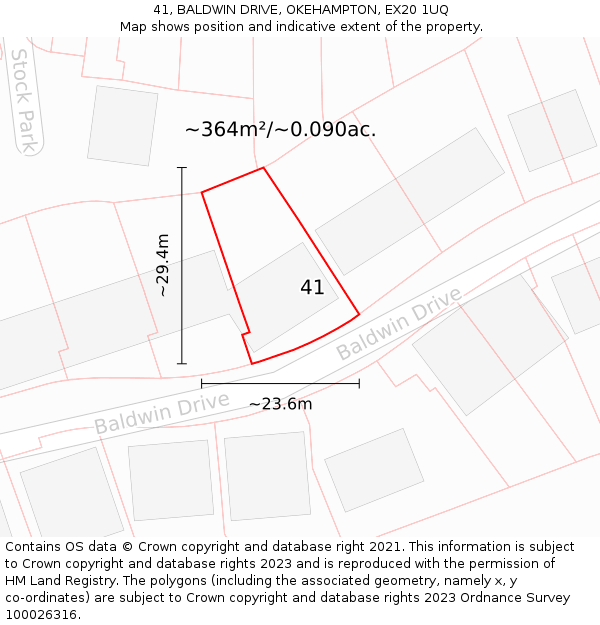 41, BALDWIN DRIVE, OKEHAMPTON, EX20 1UQ: Plot and title map